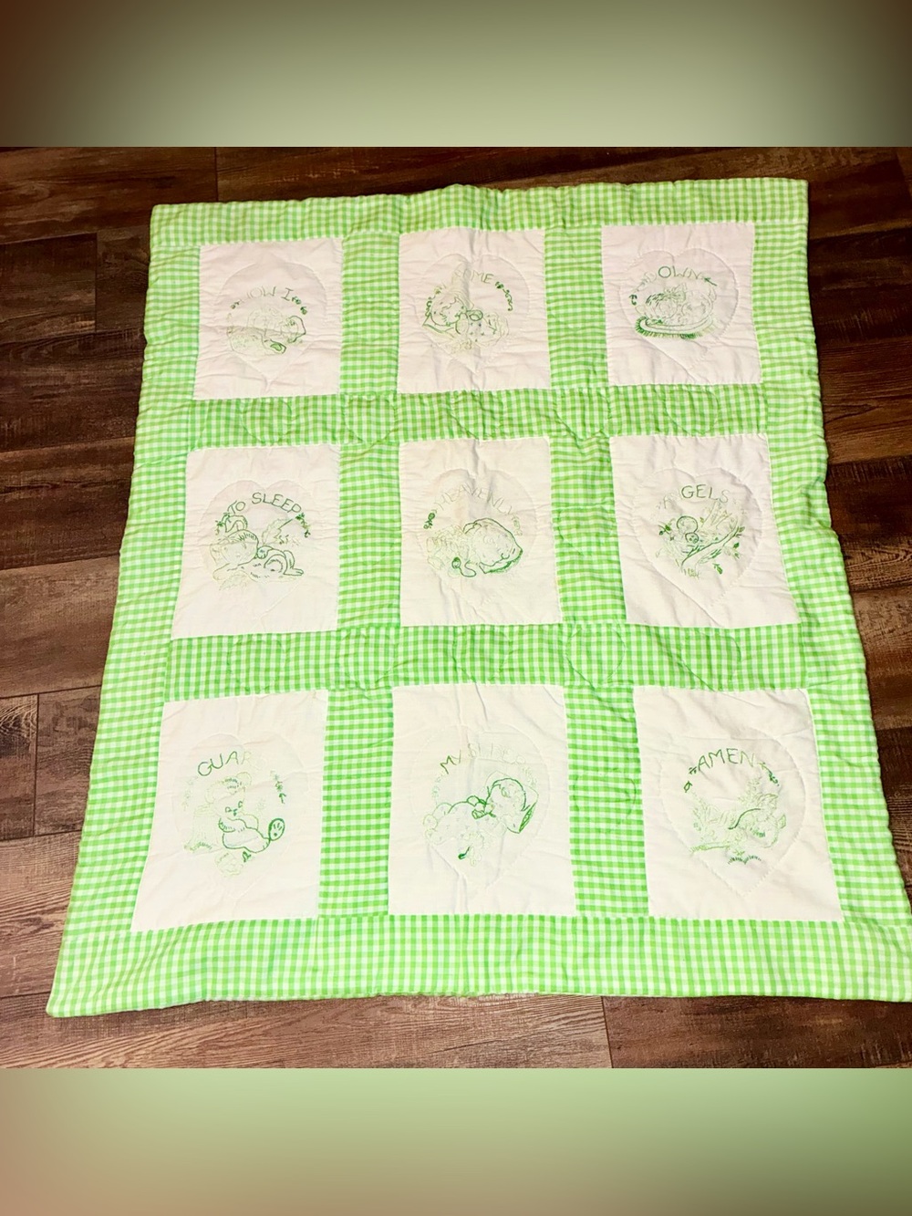 Vintage Homemade Embroidered Nighttime Prayer Baby Quilt